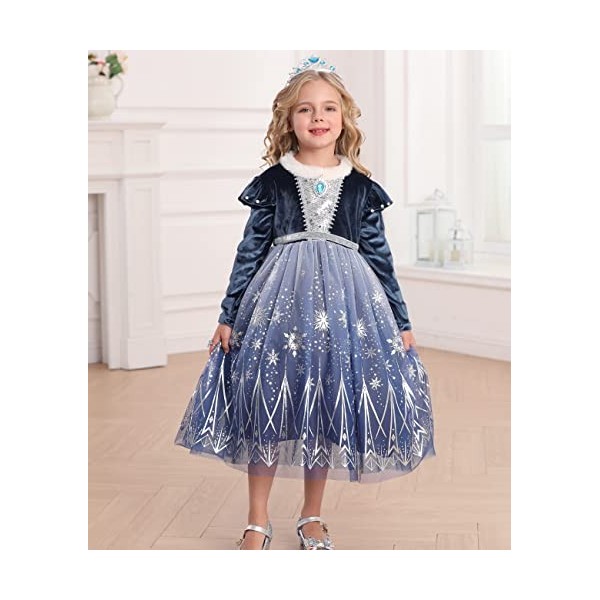 LiUiMiY Déguisement Elsa Costume Robe Reine Princesse Fille Manche Longue Tulle pour Anniversaire Canarval Noël avec Accessoi