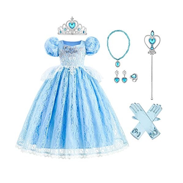 IBAKOM Enfant Fille Robe Princesse Cendrillon Tenues Carnaval Halloween Noël Anniversaire Fête Jouer un rôle Gants Baguette M