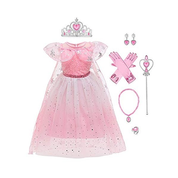 FYMNSI Costume de princesse Elsa de la Reine des Neiges avec accessoires pour enfants de 2 à 9 ans - Rose - 7 ans