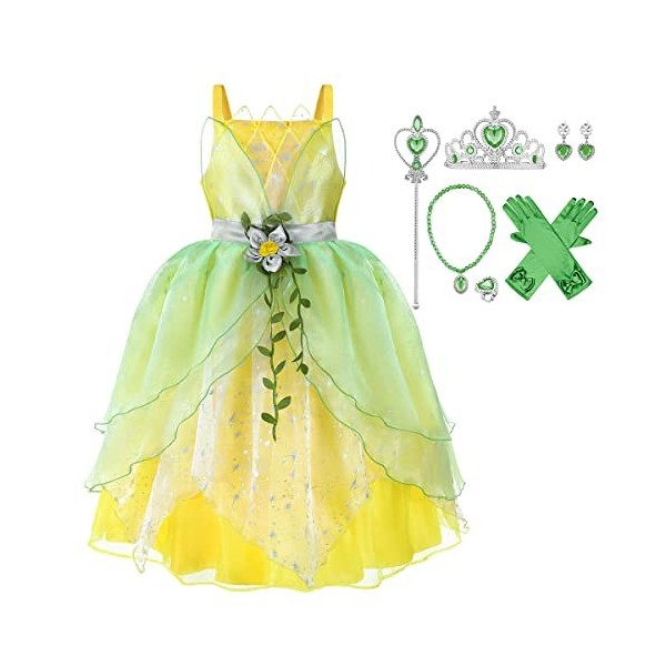 IMEKIS Robe Tiana pour Filles Déguisement Princesse Grenouille Fantaisie Halloween Carnaval Cosplay Shabiller avec Accessoir