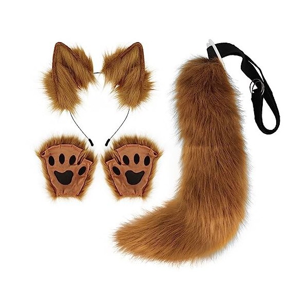 Katutude Serre-tête Fait Main en Fausse Fourrure avec Oreilles de Loup, Ensemble 3 Pièces Cosplay Bandeau Oreilles de Chat av