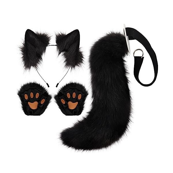 Katutude Serre-tête Fait Main en Fausse Fourrure avec Oreilles de Loup, Ensemble 3 Pièces Cosplay Bandeau Oreilles de Chat av