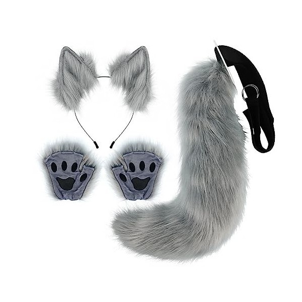Katutude Serre-tête Fait Main en Fausse Fourrure avec Oreilles de Loup, Ensemble 3 Pièces Cosplay Bandeau Oreilles de Chat av