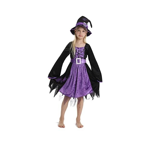 DIIQII Halloween Déguisement Sorcière Fille: Costume Sorciere Fille avec Chapeau Halloween Carnaval Déguisement pour Enfants 