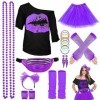 Kit Déguisement Année 80 Accessoire Femme, T-Shirt, Tutu, Sac Banane, Bandeau, Boucle dOreille, Collier, Gants Résille, Vête