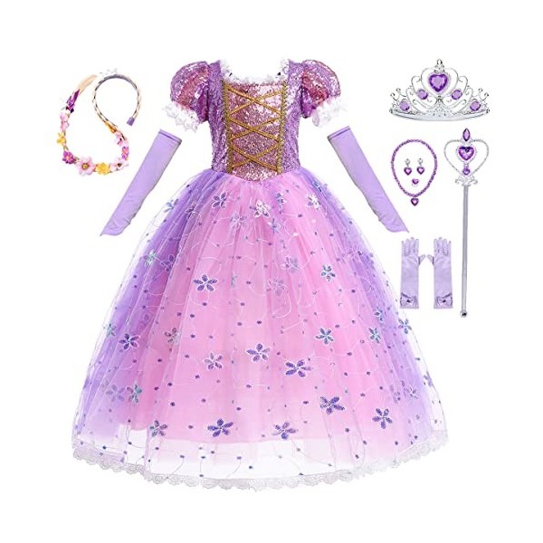 LiUiMiY Déguisement Raiponce Costume Filles avec Accessoires Robe Princesse Tulle Anniversaire Fête Halloween Noël Carnaval, 