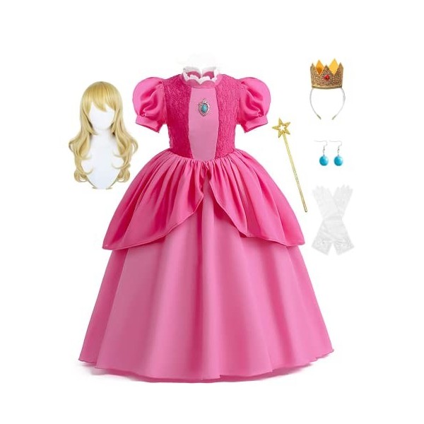 KIDSEPT Déguisement de Princesse Peach, Rose Rouge Costume Fantaisie avec Accessoires pour Enfant Fille Cosplay Anniversaire 