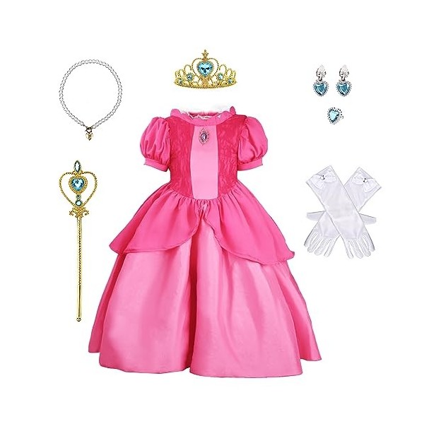 KINBOM Robe Cosplay Princesse, Cosplay Costume Princesse Zelda pour Filles avec Bandeau Boucles dOreilles Baguettes Princess
