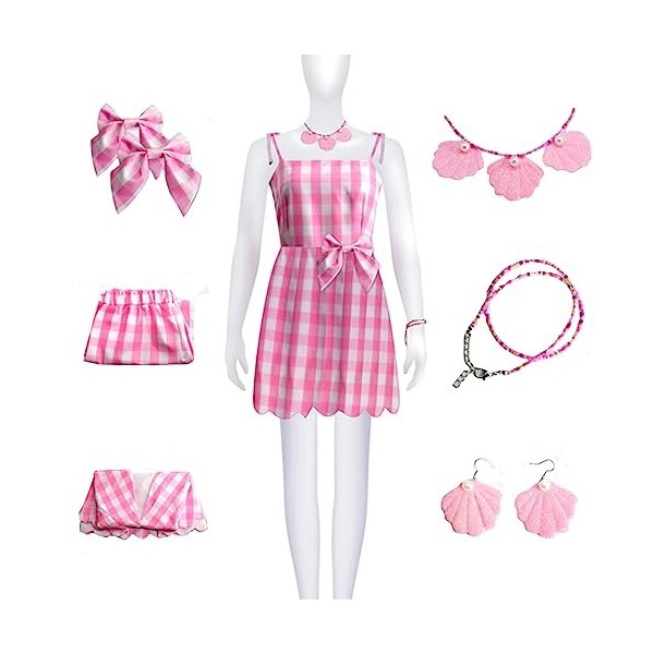 Foanja Déguisement Barbies Femme Cosplay Film Barbies Rayures Robe et Accessoires Collier Boucles doreilles Outfit pour Adul