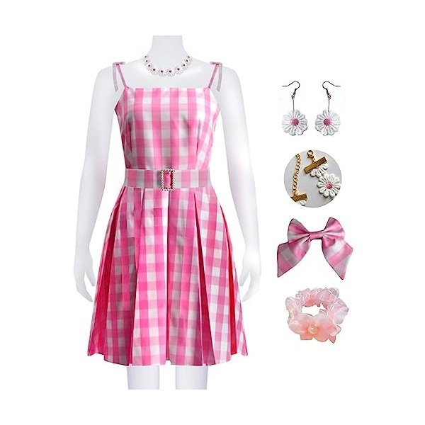 Foanja Déguisement Barbies Femme Cosplay Film Barbies Rayures Robe et Accessoires Collier Boucles doreilles Outfit pour Adul