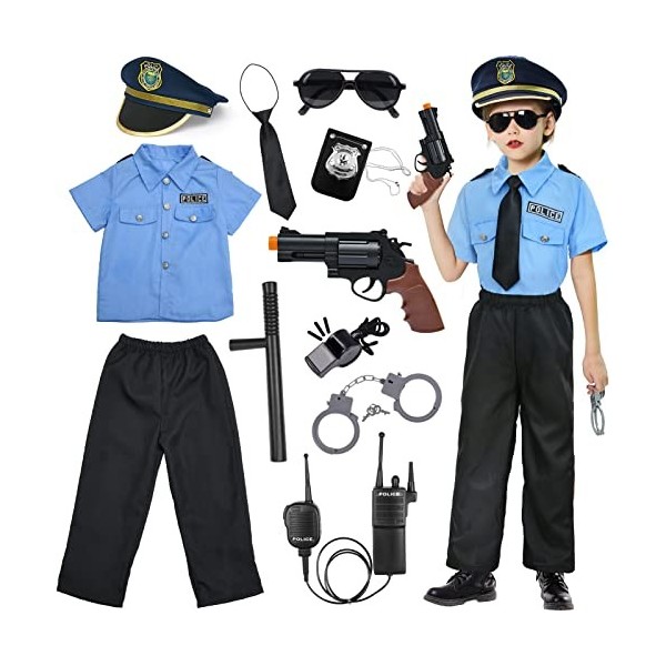 Tacobear Police Deguisement Enfant avec Police Chemise Pantalon Casquette Police Menottes Insigne Lunettes Walkie Talkie Poli