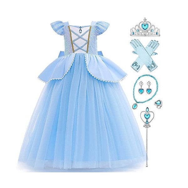 IBAKOM Enfant Fille Robe Princesse Cendrillon Cosplay Tenues Carnaval Halloween Noël Anniversaire Fête Jouer un rôle Gants Ba