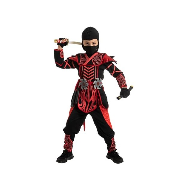 Spooktacular Creations Costume de ninja de guerrier dHalloween rouge noir pour garçons et filles, fête dhabillage dHallowe