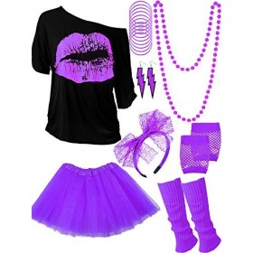 Ensemble dAccessoires de Costume des Années 80, T-Shirt Tutu Bandeau Boucles doreilles Collier Jambières Violet, XXXL 