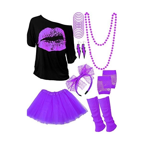 Ensemble dAccessoires de Costume des Années 80, T-Shirt Tutu Bandeau Boucles doreilles Collier Jambières Violet, XXXL 