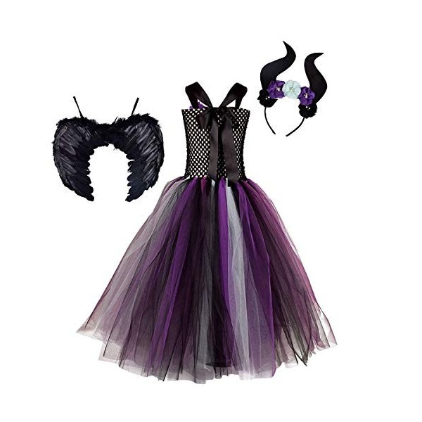 Costume malefique tutu violet avec les cornes et ailes en plumes -  deguisement fille enfant