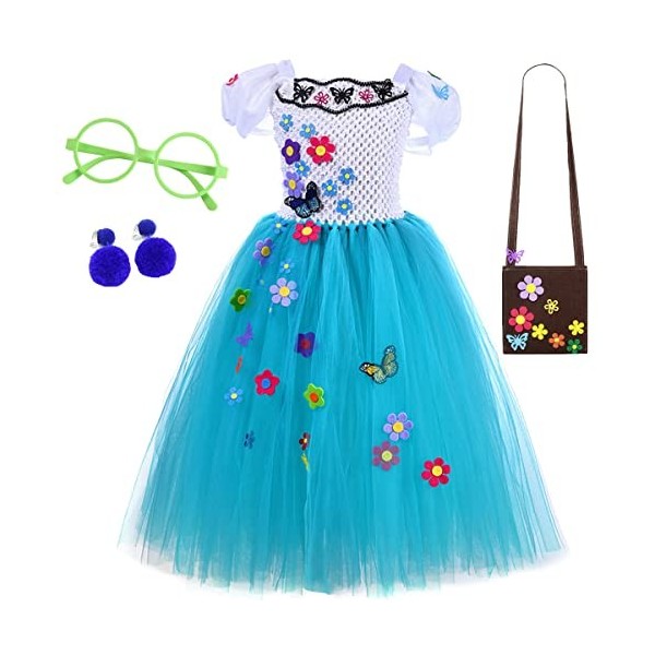 LCXYYY Mirabel Déguisement Costume Fille Cosplay Madrigal Mirabel Robe de Soirée en Tulle Maxi avec Sacs et Accessoires Lunet