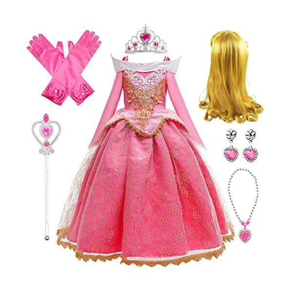 Emin Robe princesse Aurora pour fille avec accessoires pour enfant - Belle dormante - Robe de princesse - Pour Noël, annivers