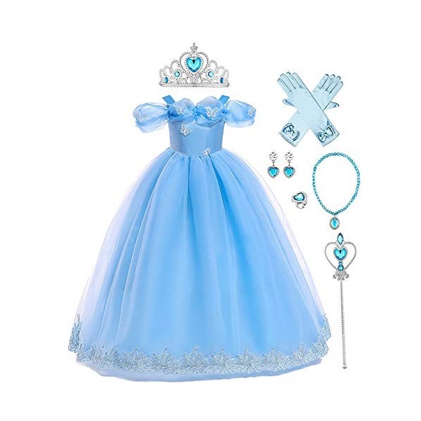 Cendrillon Costume Fille Enfant Cendrillon Princesse Robe Papillon Tulle Longue Robe de Bal Halloween Noël Carnaval Anniversa