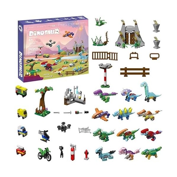 BEAUUP Calendrier de lAvent 2022, 24 blocs de serrage dinosaures pour calendrier de lAvent Lego 2022, 12 petits dinosaures 