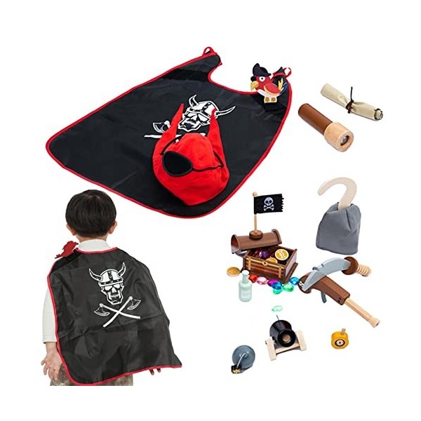 LOSOO Jouer à Faire Pirate,Costume Pirate innovant pour garçons en Bois - 13 pièces Jouer Pirate Jouet Semblant Jeu rôle Habi