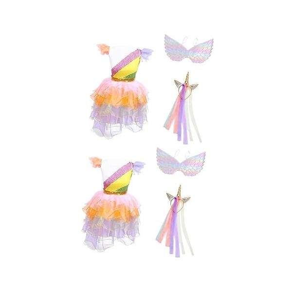 Adorainbow 3 Pièces Tutu Bandeau pour La Fête Tulle Ailes Couches Robe Arc-en-Jupe Enfants Costume Licorne avec Danse Coiffe 