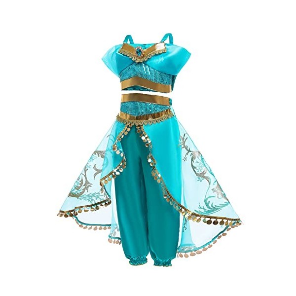 AISHANGYIDE Fille Deguisement Princesse Jasmine, Robe de Aladdin Princesse avec Perruque Bandeau Accessoires, Enfants Anniver