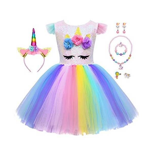 Tacobear Déguisement Licorne Fille Robe Licorne Enfant avec Serre Tête Licorne Bracelet Licorne Collier Robe Princesse Licorn