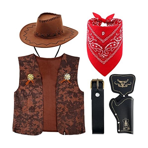 BBTO Set dAccessoires de Costume de Cow-Boy Unisexes Chapeau de Cowgirl Bandana de Cowboy Jouet Pistolets à Gilet Marron ave