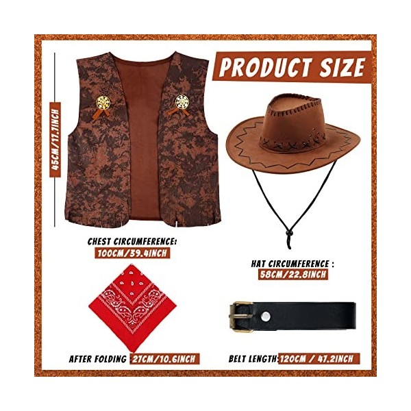 BBTO Set dAccessoires de Costume de Cow-Boy Unisexes Chapeau de Cowgirl Bandana de Cowboy Jouet Pistolets à Gilet Marron ave