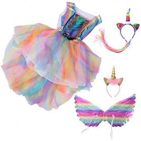 Amosfun Costume de licorne à paillettes pour fille - Robe avec ailes et 2 bandeaux licorne - Accessoire de fête