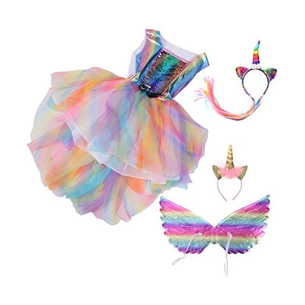 Amosfun Costume de licorne à paillettes pour fille - Robe avec ailes et 2 bandeaux licorne - Accessoire de fête