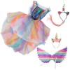 Amosfun Costume de licorne à paillettes pour fille - Robe avec ailes et 2 bandeaux licorne - Accessoire de fête