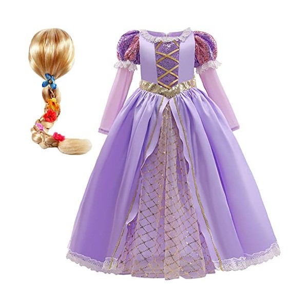 Foanja Fille Déguisement Cosplay Raiponce Paillettes Manches Longues Robe de Princesse et Perruque Accessoires pour Halloween