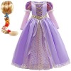 Foanja Fille Déguisement Cosplay Raiponce Paillettes Manches Longues Robe de Princesse et Perruque Accessoires pour Halloween