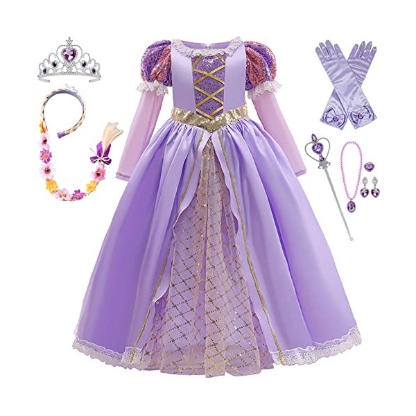 Foanja Fille Déguisement Cosplay Raiponce Paillettes Manches Longues Robe de Princesse et Perruque Accessoires pour Halloween