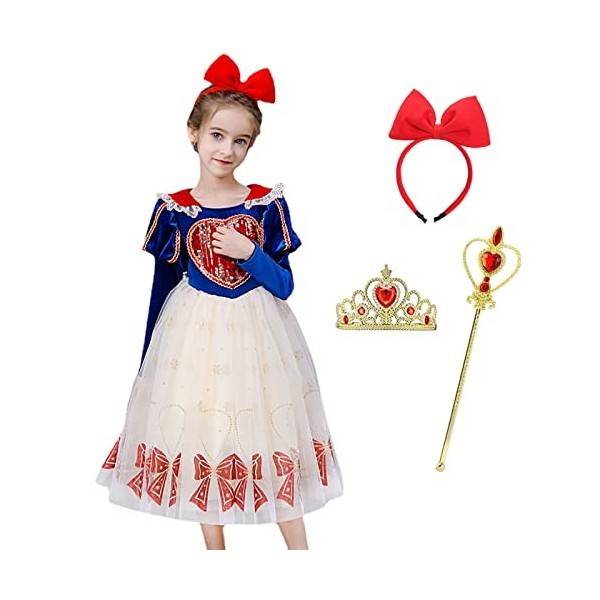 AISHANGYIDE Filles Deguisement Robe Princesse Blanche Neige avec Accessoires Manches Longues Enfant Robe de Princesse Anniver