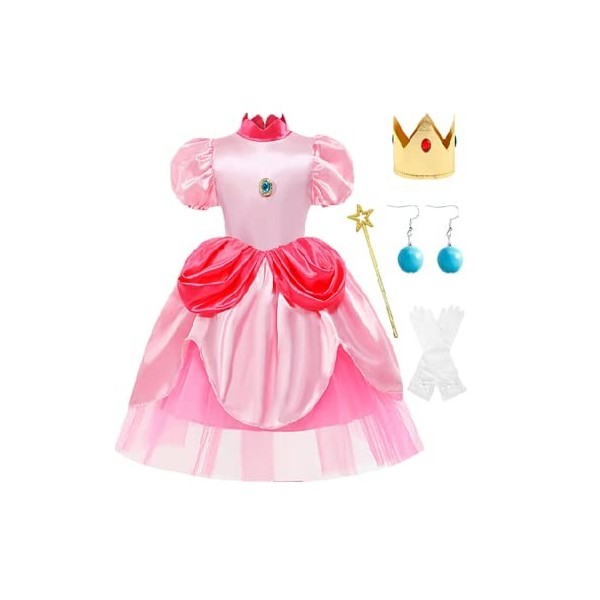KIDSEPT Déguisement de Princesse Peach, Rose Costume Fantaisie avec Accessoires pour Enfant Fille Cosplay Anniversaire Hallow
