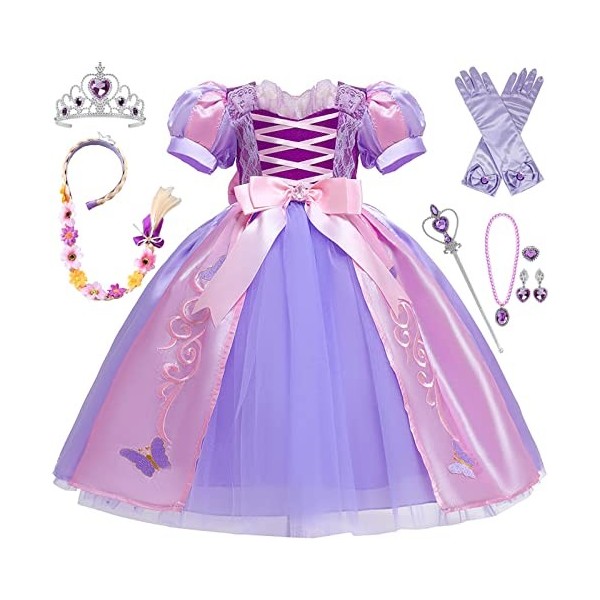 Foanja Raiponce Déguisement avec Perruque Fille Cosplay Robe de Princesse en Tulle et Accessoires pour Halloween Noël Carnava