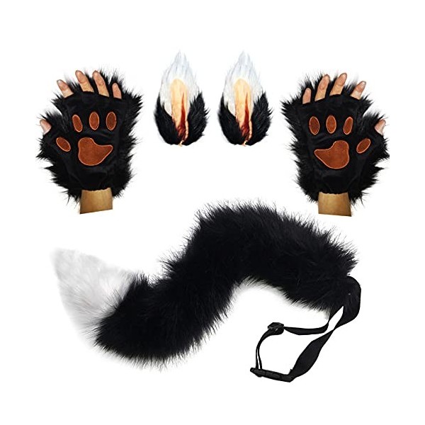 Faux Fourrure Loup Fox Queue Clip Oreilles Et Gants Ensemble Imitation Bête Queue Oreilles Costume À La Main Cosplay Jeu De R