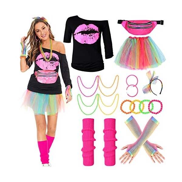 Hereneer Kit Déguisement Années 80, Déguisement Accessoire Femme, T-shirt à Imprimé Lèvres Neon Jupe Filet Sac Colliers Brace