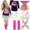 Hereneer Kit Déguisement Années 80, Déguisement Accessoire Femme, T-shirt à Imprimé Lèvres Neon Jupe Filet Sac Colliers Brace