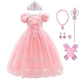 IBAKOM Enfants Filles Déguisement Raiponce Robe Hors Épaule Princesse Anniversaire Carnaval Noël Halloween Mariage Dentelle T