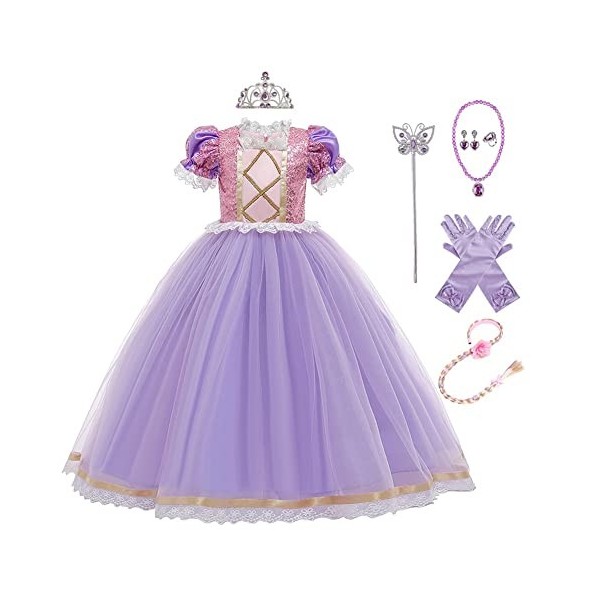 MYRISAM Robe de princesse Raiponce pour Halloween, costume de fête de luxe avec gants, perruque Raiponce, ensemble daccessoi