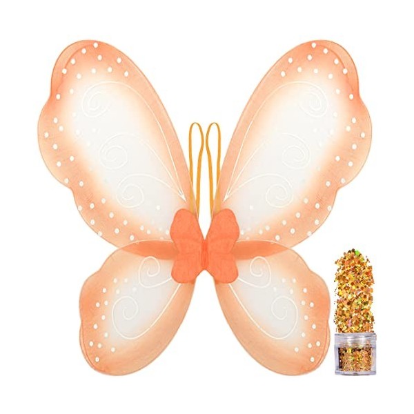Funcredible Ailes de papillon monarque | Ailes de fée orange avec grosses paillettes | Accessoires de costume de papillon | C