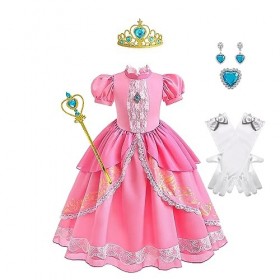 FUYERLI Costume de cosplay princesse pêche pour filles, robe princesse pêche super frères, déguisement dHalloween pour enfan