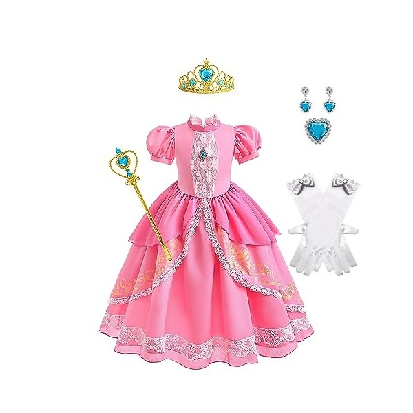 Costume femme princesse cosplay robe pêche rose avec jupe couronne et gants