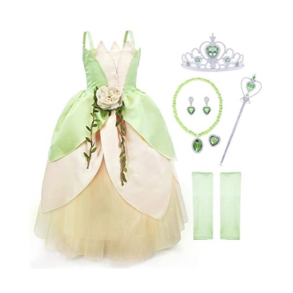 Deleventh Fille Déguisement Tiana Costume Cosplay Grenouille Princesse Tiana Robe de Ballerine Gants avec Accessoires Couronn