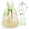 Deleventh Fille Déguisement Tiana Costume Cosplay Grenouille Princesse Tiana Robe de Ballerine Gants avec Accessoires Couronn