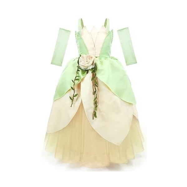 Deleventh Fille Déguisement Tiana Costume Cosplay Grenouille Princesse Tiana Robe de Ballerine Gants avec Accessoires Couronn